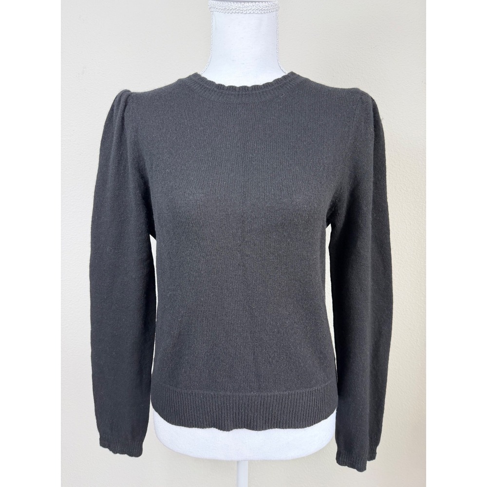 FRAME Women 100% Cashmere Sweater Puff Sleeve M Black Crewneck Parisian Chic